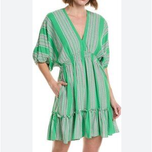 Taylor Elbow Sleeve V-Neck Smocked Waist Stripe Print Fit and Flare Dress Green